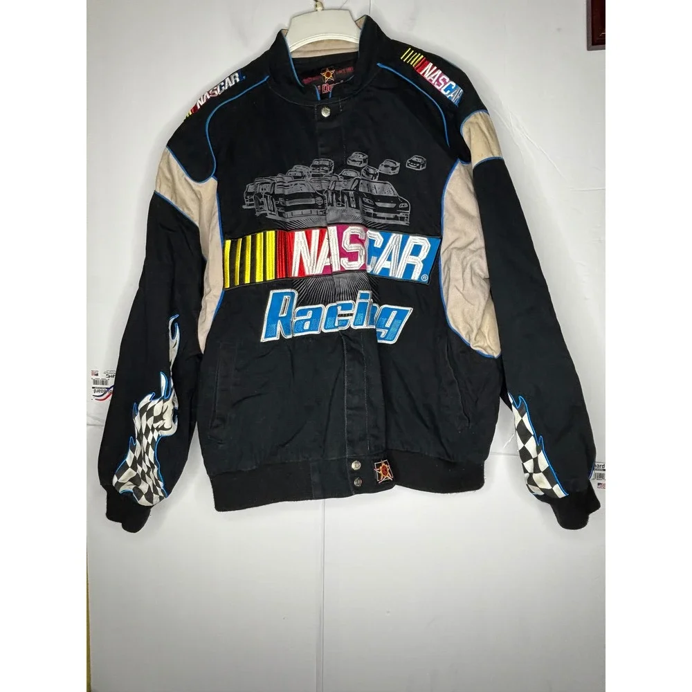 JH Design NASCAR Racing Jacket Mens XL Black Cotton Twill Embroidered Bomber Y2K